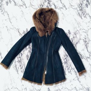 Women’s Fitted Russian Shearling Blue Suede Hooded Zipper Coat S